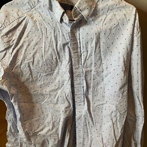 Men's White Button-Up Shirt with Red and Blue Dots